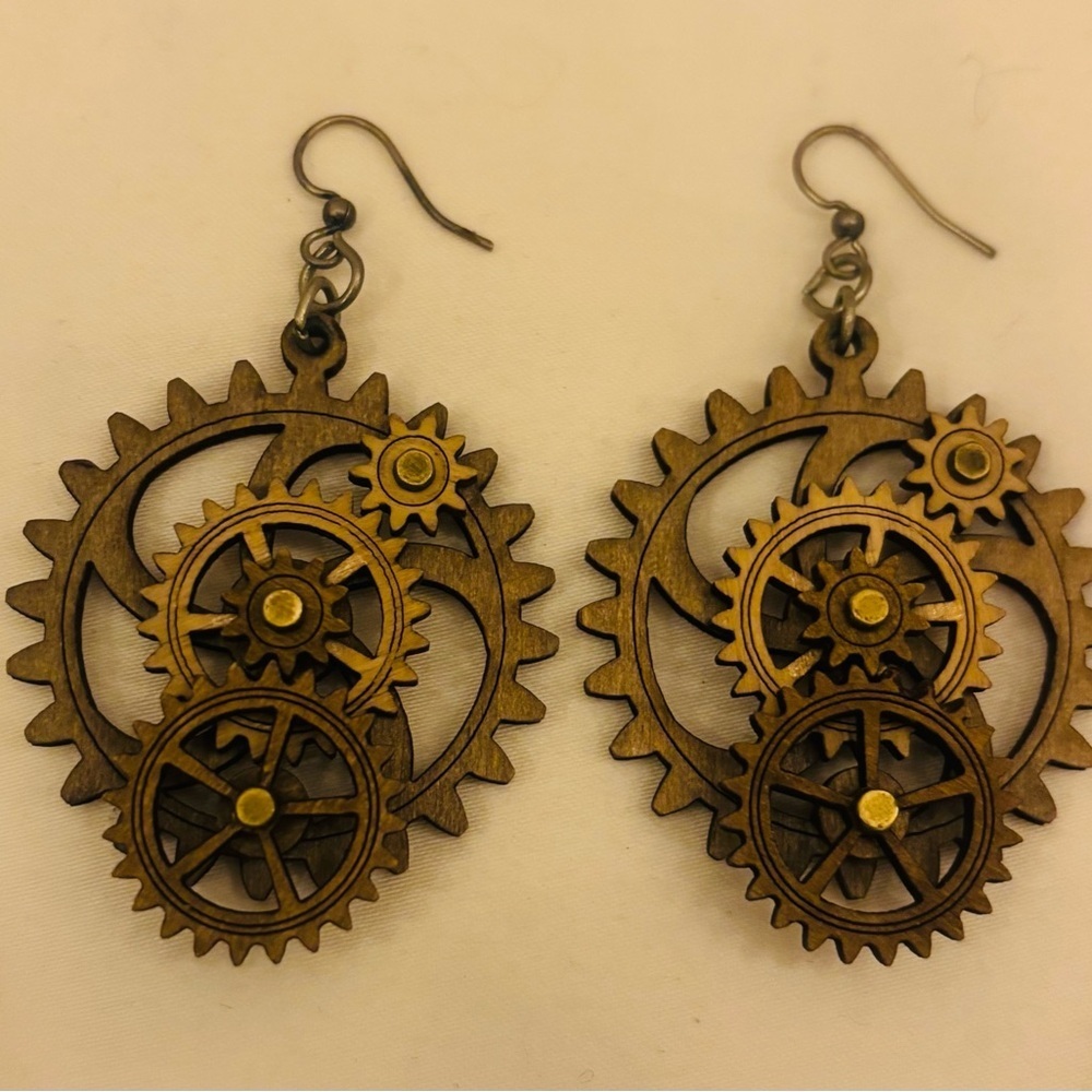 Laser Cut Steam Punk Inspired Gear Cluster Dangling Brown & Bronze Earrings